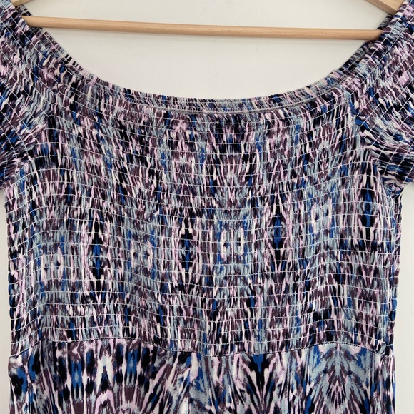 Express Smocked Bodice Maxi Dress Blue Purple Stretch Comfy Boho Off Shoulder S - Picture 14 of 16